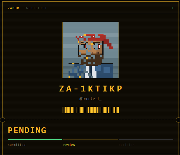 A digital ID/whitelist card from 'ZADDR' featuring a pixel art avatar of a character with a red bandana, the username 'ZA-1KTIKP', handle '@imortell_', and a 'PENDING' status.