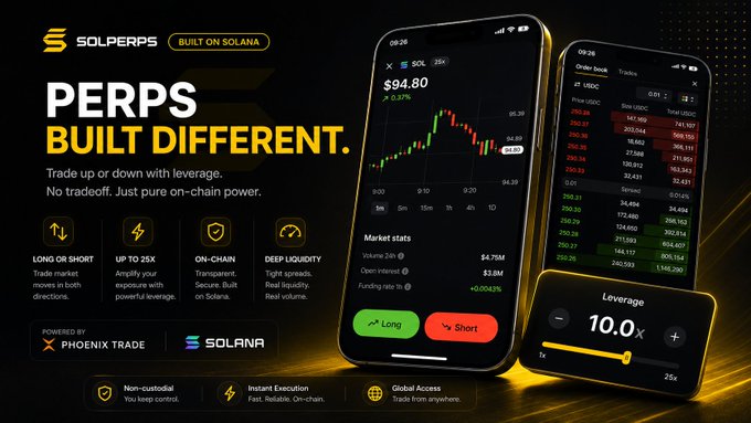 An advertisement for 'SolPerps' on the Solana blockchain, powered by Phoenix Trade, promoting perpetual futures trading with up to 25x leverage via mobile app.