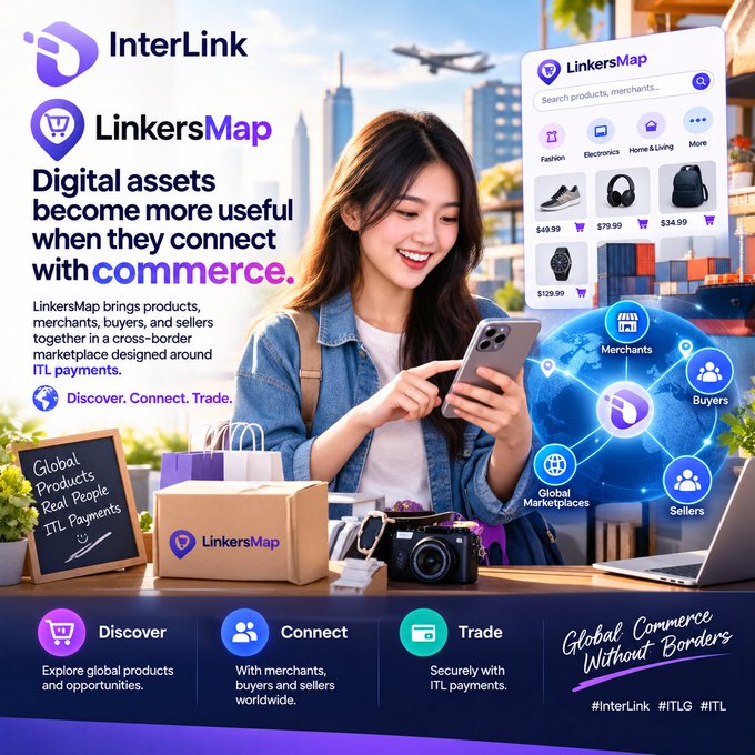 An advertisement for InterLink and LinkersMap showing a young woman using a smartphone, promoting a cross-border marketplace connecting digital assets with commerce using ITL payments.