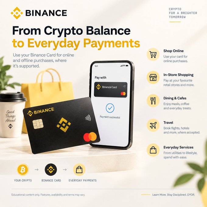 A Binance promotional image showcases the "Binance Card," a black Mastercard with the Binance logo, alongside a smartphone displaying a successful payment confirmation, set against a backdrop featuring a coffee cup reading "Good Things Ahead" and a yellow shopping bag. The graphic highlights the tagline "From Crypto Balance to Everyday Payments," with a flow diagram at the bottom illustrating "Your Crypto → Binance Card → Everyday Payments." On the right, five use cases are listed with icons: Shop Online, In-Store Shopping, Dining & Cafes, Travel, and Everyday Services, emphasizing the card's versatility. The Binance logo appears in the top left with the motto "Crypto for a Brighter Tomorrow," and a disclaimer at the bottom notes "Educational content only. Features, availability and terms may vary," directly tying into the post's message about seamlessly converting crypto into everyday spending.