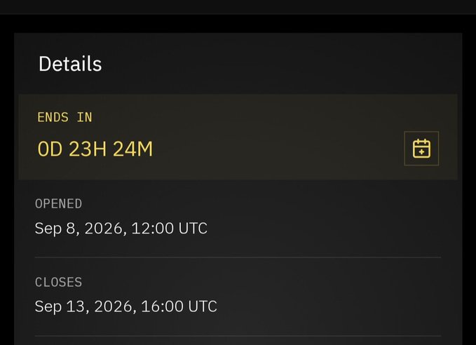 A dark-themed 'Details' panel showing auction timing information with 'ENDS IN 0D 23H 24M', 'OPENED Sep 8, 2026, 12:00 UTC', and 'CLOSES Sep 13, 2026, 16:00 UTC'.