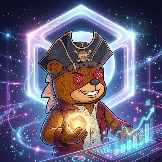 Cartoon bear character wearing a pirate hat with X-eyes, holding a glowing orb, standing before a neon hexagonal portal with a rising chart.