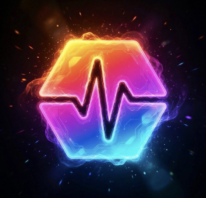 A glowing neon logo featuring colorful circuit board patterns in yellow, pink, purple, and blue with a heartbeat line design.