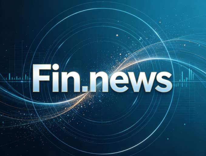 A promotional graphic with the text 'Fin.news' in bold white and blue lettering against a dark blue background featuring swirling light trails, stars, and digital wave patterns.