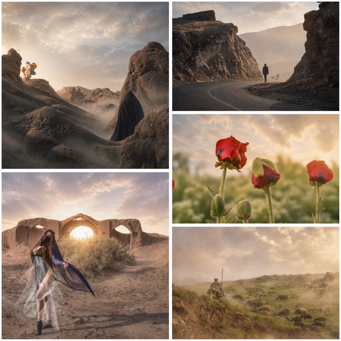 A collage of five artistic photographs featuring a cloaked figure in a desert landscape, a lone traveler on a mountain road, a woman in flowing dress near stone arches, red poppy flowers, and a shepherd with sheep.