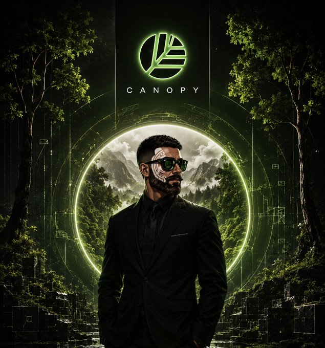 Digital art poster titled 'CANOPY' depicting a man in a black suit wearing futuristic sunglasses, standing in front of a glowing green portal set within a forest landscape.