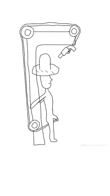 A simple line drawing shows a stick figure in a cowboy hat standing on a small platform suspended by pulleys, with one arm stretched out reaching toward what appears to be a small rocket or ticker symbol floating above. The watermark "@drawingchensanity" appears in the bottom right corner. The image humorously illustrates the precarious, high-risk nature of memecoin trading, with the cowboy "hanging on for dear life" trying to catch a volatile asset before it disappears.