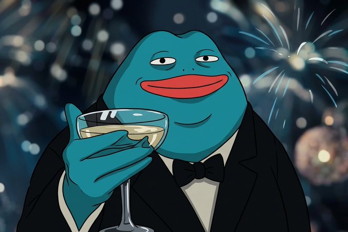 An illustration of a smug-looking Pepe the Frog character wearing a black tuxedo and bow tie, holding a coupe glass against a backdrop of blue fireworks.