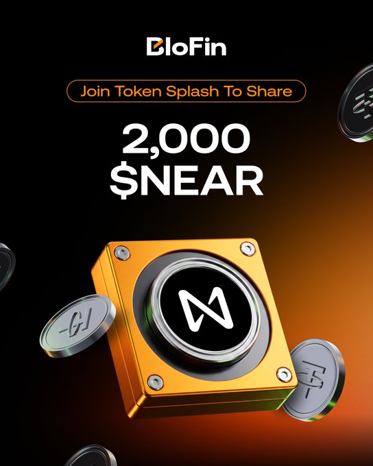 A promotional graphic for BloFin's "Join Token Splash To Share 2,000 $NEAR" campaign, featuring a 3D render of a gold vault emblazoned with the NEAR Protocol logo surrounded by floating crypto coins. The bold orange and black design highlights the 2,000 NEAR token prize pool being offered through the trading event.