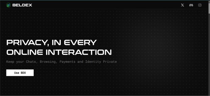 The image is a promotional banner for Beldex featuring the tagline "PRIVACY, IN EVERY ONLINE INTERACTION" and a "Use BDX" button, highlighting how the Beldex browser with BelNet protects users from data tracking. It visually reinforces the post's message about Beldex offering decentralized VPN functionality to mask IPs and secure browsing.