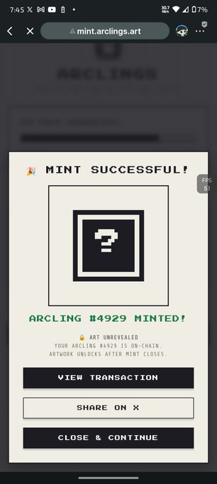 Mobile screenshot of a successful mint on mint.arclings.art, showing ARCLING #4929 minted on-chain with a question mark placeholder, offering options to view the transaction, share on X, or close.
