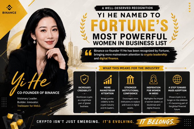 The image features a woman named Yi He, who has been named to Fortune's Most Powerful Women in Business List. The post highlights her achievements and why she was chosen for this honor.