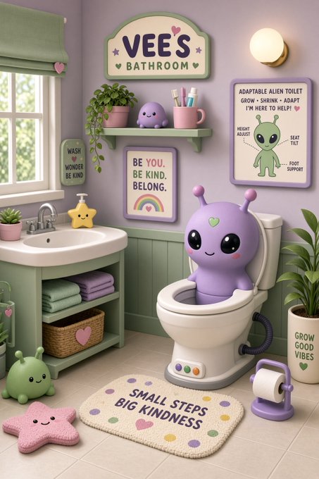 A whimsical purple-themed bathroom interior featuring a "VEE'S BATHROOM" sign, a purple alien character, an "ADAPTABLE ALIEN TOILET," and motivational posters.