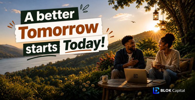 A promotional graphic featuring a couple having coffee outdoors with a laptop, overlaid with the text 'A better Tomorrow starts Today!' and the 'BLOK Capital' logo.