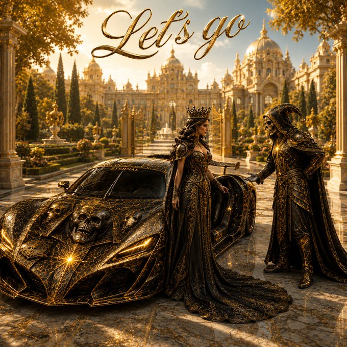 The image features a couple dressed in fancy costumes standing next to a luxury car with gold paint. The woman is wearing a long dress, while the man has a sword in his hand. They are positioned in front of a building that appears to be a palace or castle-like structure. The text "Let's go" is written above them, and it seems like they are preparing for an event or celebration related to their costumes and the car.