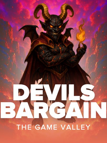 A fearsome horned demon with glowing orange cracks across his dark skin and fiery wings clutches a small flame, set against a hellish crimson sky. Bold white text reads "DEVILS BARGAIN" with "THE GAME VALLEY" beneath, promoting the new game's release on Stake as teased in the post.