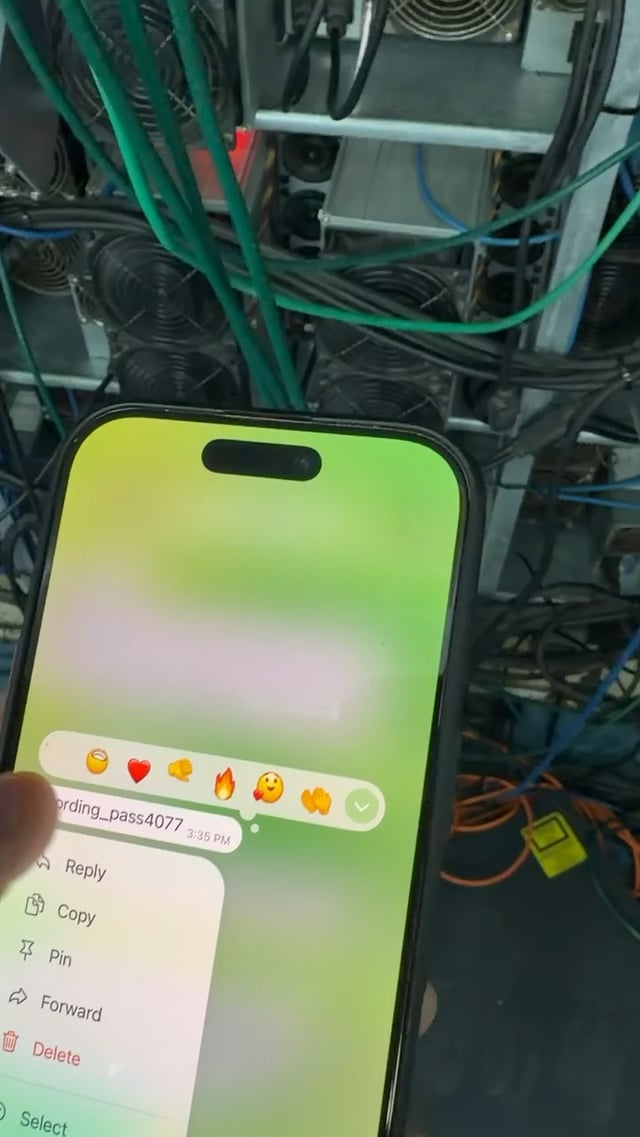 The image shows a person holding up their cell phone, which displays an app with emojis and text messages. The app appears to be a messaging app that includes emojis such as a heart and a smiley face. The background of the image is filled with green cables, suggesting that it might be taking place in a computer server room or a similar environment where electronic devices are connected together.

The post on social media suggests that there may be an item for sale, possibly related to Bitcoin, as indicated by the text "For sale Zcash farm 820k sol z15 pro". The person holding up their phone might be interested in this item or considering making a purchase.