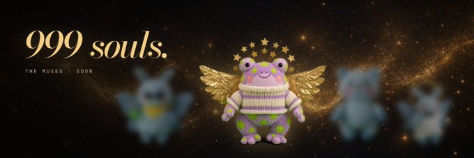 A promotional banner for "999 souls" by "THE MUSES," featuring a cute pastel axolotl-like character with golden wings surrounded by stars, advertising an upcoming NFT collection tied to a giveaway collaboration between @saka_sol and @musegod_rh. The cosmic, ethereal design aligns with the giveaway's theme of rewarding participants with EVM wallet-based prizes.