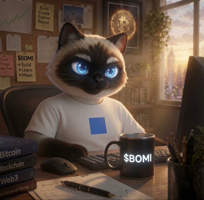 AI-generated artwork of a Siamese-style cat with glowing blue eyes wearing a white t-shirt, sitting at a desk with a Bitcoin logo on the wall behind it, a '$BOMI' branded mug, and books labeled 'Bitcoin,' 'Blockchain,' and 'Web3' stacked nearby.