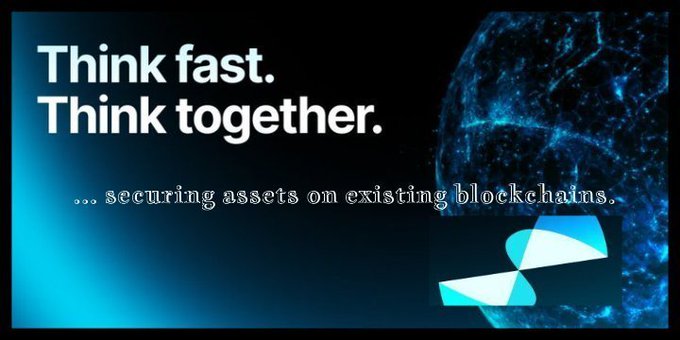 A digital advertisement displays the text 'Think fast. Think together.' and '... securing assets on existing blockchains.' alongside a glowing blue globe and a network logo.