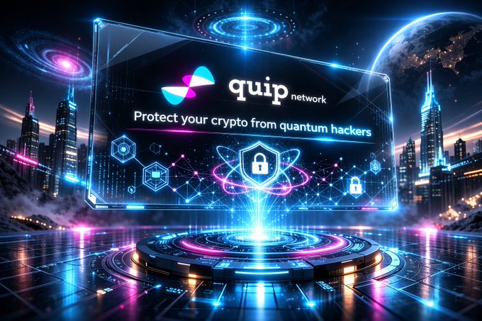 A futuristic promotional image for 'quip network' featuring a holographic display with the tagline 'Protect your crypto from quantum hackers,' set on a neon-lit circular platform with a city skyline background.