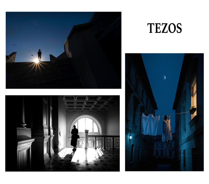 The image features a collage of three photos, each depicting different scenes from an old building at night. The first photo shows a person standing on top of a roof, with the sun shining brightly behind them. The second photo captures a person walking along the edge of a balcony or deck, and the third photo depicts a person hanging out to dry clothes in front of the building. All three photos are black and white, adding an artistic touch to the overall composition.