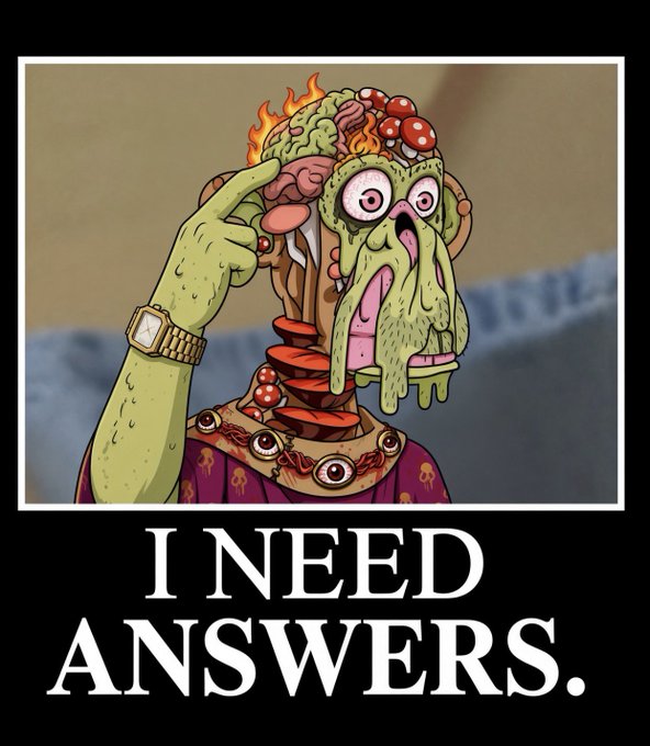 The image is a demotivational-style meme featuring a grotesque, monstrous Bored Ape character with an exposed brain, flaming details, holding its temple in an apparent "thinking" pose. Below the image, bold white text reads "I NEED ANSWERS." The meme humorously captures the poster's confusion about still wanting to invest in Bored Ape Yacht Club NFTs despite their questionable reputation.