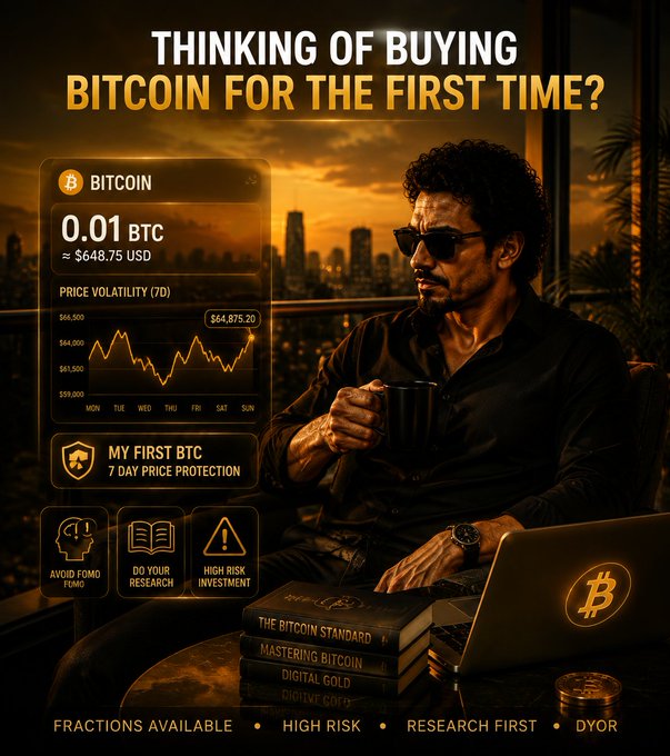 An advertisement for Bitcoin reading 'THINKING OF BUYING BITCOIN FOR THE FIRST TIME?' showing '0.01 BTC ≈ $648.75 USD', with a 7-day price volatility chart and disclaimers 'FACTIONS AVAILABLE', 'HIGH RISK', 'RESEARCH FIRST', 'DYOR'.