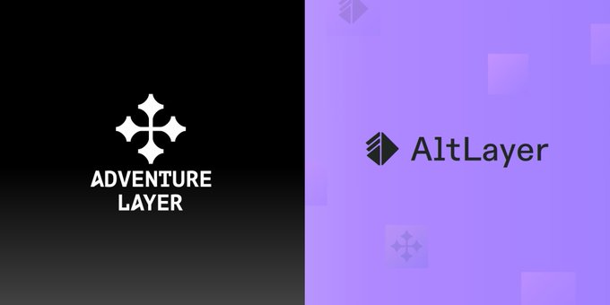The image displays a split-screen featuring the "Adventure Layer" logo on a black background (left) alongside the "AltLayer" logo on a purple background (right). This visual pairing represents the partnership highlighted in the post, where Adventure Layer has migrated its Arbitrum Orbit L2 to AltLayer's RaaS (Rollup-as-a-Service) infrastructure, with the dual logos symbolizing their technical integration and ongoing collaboration.