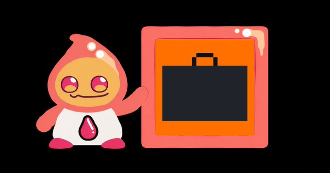 A small cartoon character wearing a pink hood and white outfit with a red droplet symbol stands next to an orange box with a black briefcase icon on its front.