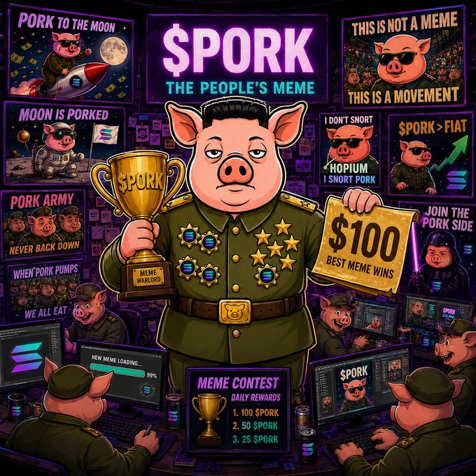 A colorful meme-themed poster featuring an anthropomorphic pig in a military uniform holding a '$PORK' trophy and a '$100 BEST MEME WINS' gold bar, with slogans like 'PORK TO THE MOON' and 'THE PEOPLE'S MEME'.
