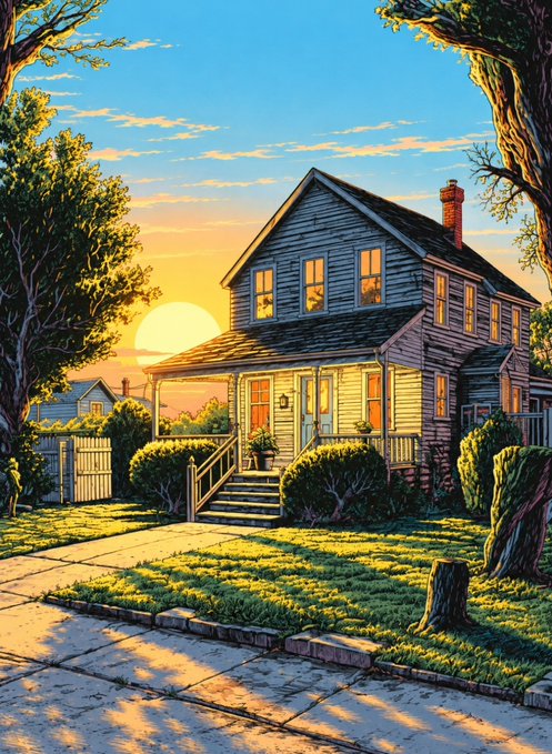 A stylized illustration of a two-story house with glowing windows at sunset, featuring warm lighting and trees framing the scene.