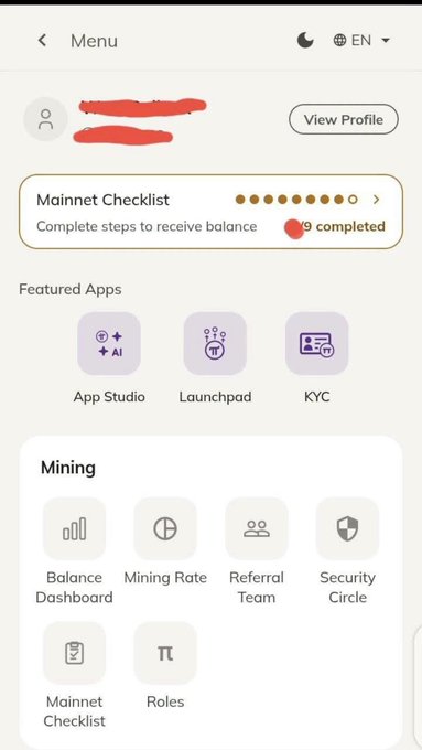 The image shows a redesigned Pi Network menu interface with a "Mainnet Checklist" showing 9 completed steps, alongside new featured apps including App Studio, Launchpad, and KYC, plus a Mining section with options like Balance Dashboard, Mining Rate, Referral Team, Security Circle, and Roles. This visually confirms the post's announcement of a major menu bar redesign introducing AI-powered App Studio, an ecosystem launchpad, and an accessible KYC entry point.