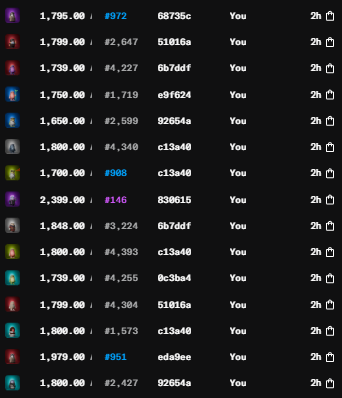 A dark-themed leaderboard interface listing cryptocurrency values (ranging from ~1,650 to 2,399), ranks (#972, #2,647, #146, etc.), hex color codes (like 66735c, 51016a, 6b7ddf), and usernames labeled 'You,' with a '2h' refresh interval.