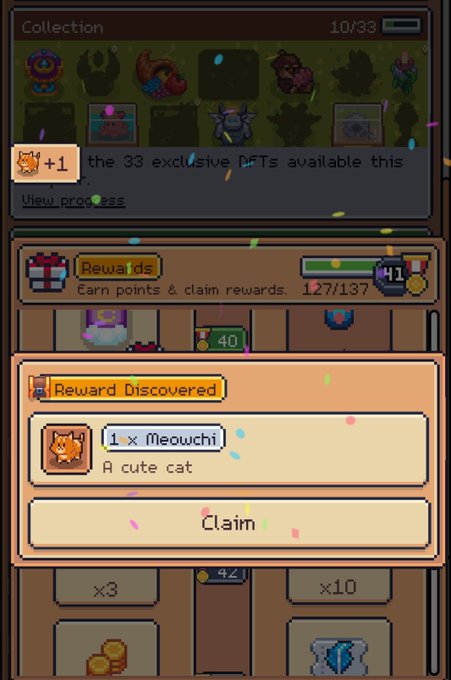 A mobile game screen displaying a 'Reward Discovered' pop-up for '1 x Meouchi - A cute cat', over a 'Collection' page showing '10/33' and '127/137' progress.