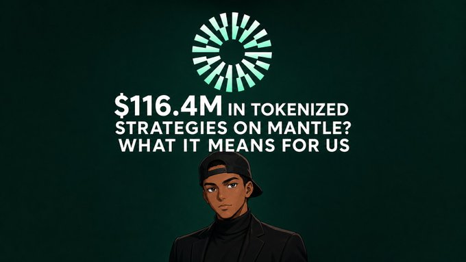 A graphic with the Mantle logo reading '$116.4M IN TOKENIZED STRATEGIES ON MANTLE? WHAT IT MEANS FOR US' above an illustrated character.