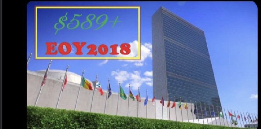 The United Nations building with international flags, overlaid with text reading '$589+' in green and 'EOY2018' in red.