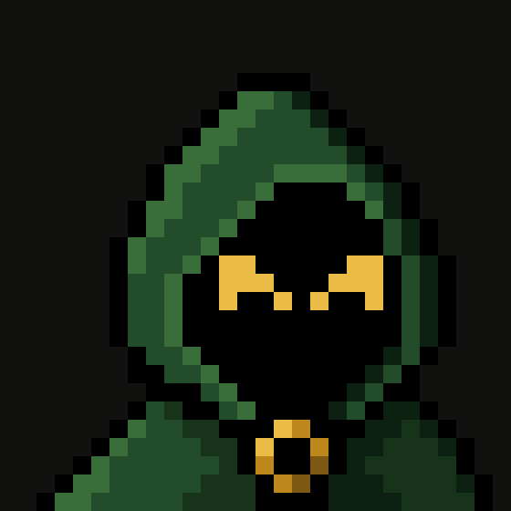 A pixel art illustration of an anonymous hacker or cybercriminal wearing a dark green hood with yellow pixelated sunglasses and a headset, set against a black background.
