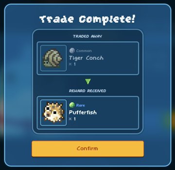 A "Trade Complete!" screen shows a Common Tiger Conch traded for a Rare Pufferfish in the Aquarium Quest playtest on Ronin Network. The image illustrates the user's first fish trade, part of expanding their fishypedia collection from 15/72 toward their Sea Turtle hatch at level 20.