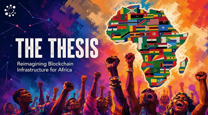 The image is a vibrant promotional graphic titled "THE THESIS: Reimagining Blockchain Infrastructure for Africa," featuring a colorful map of Africa filled with various national flags, set against an energetic crowd of people raising their fists in unity, with the accompanying post highlighting Safrochain's mission to build an Africa-first Layer-1 blockchain using Cosmos SDK to address the continent's unique infrastructure needs.