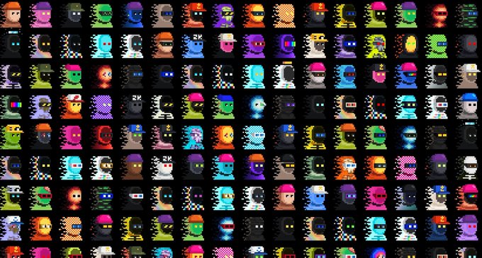 A dense grid of colorful pixel art character avatars/sprites displayed on a black background.