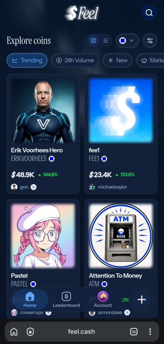 A mobile screenshot of the "feel" app with the URL feel.cash, showing an "Explore coins" section featuring Erik Voorhees Hero ($48.9K, +144.9%) and fee1 ($23.4K, +133.6%).