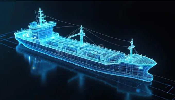 A futuristic blue holographic wireframe rendering of a large cargo or container ship displayed against a dark background, illustrating digital shipbuilding or maritime technology.