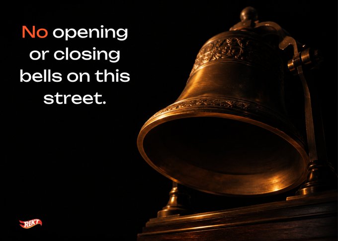 Photograph of a glowing bronze bell against a black background with the text 'No opening or closing bells on this street.' and a small 'DEXT' logo in the corner.