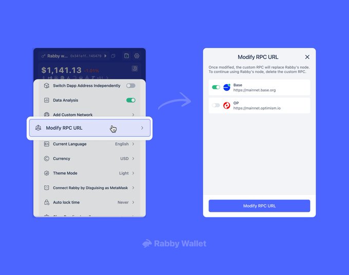 The image illustrates the new "Modify RPC URL" feature in Rabby Wallet, showing a settings menu where users can access the option to customize their RPC configuration, followed by a panel where they can toggle between Base and OP network endpoints (e.g., https://mainnet.base.org and https://mainnet.optimism.io) to replace Rabby's default nodes.