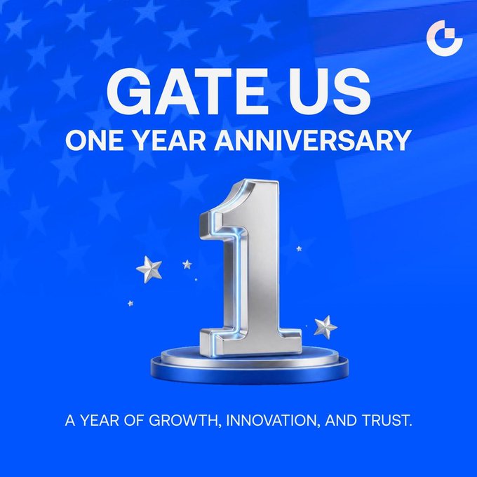 A promotional graphic for 'GATE US' celebrates its 'ONE YEAR ANNIVERSARY' with the tagline 'A YEAR OF GROWTH, INNOVATION, AND TRUST.' featuring a large silver '1' on a pedestal against a blue background with an American flag pattern.