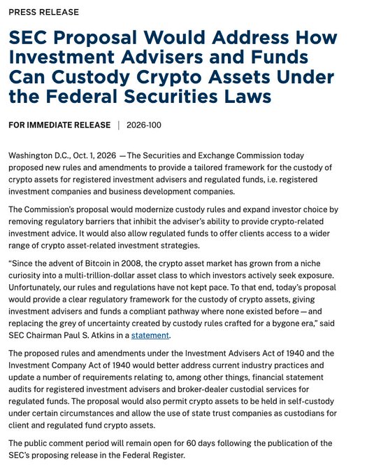 A press release dated October 1, 2026 announces the SEC's proposed new rules (Release No. 2026-100) to establish a tailored framework allowing registered investment advisers and regulated funds—including registered investment companies and business development companies—to custody crypto assets, expanding options to permit self-custody in certain cases and the use of state trust companies, with SEC Chairman Paul S. Atkins quoted on the proposal.

The image directly supports the accompanying post, which highlights that the SEC has officially proposed crypto custody rules for advisers and regulated funds, includes self-custody and state trust companies, and ties the news to tokens like $XRP, $XLM, $HBAR, and $QNT that could benefit from a clearer institutional crypto framework.