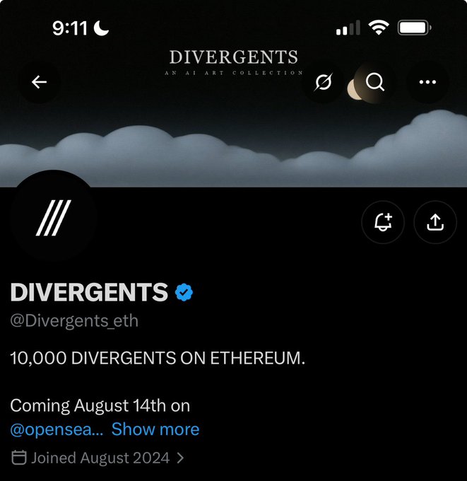 The image shows the Twitter/X profile page for "DIVERGENTS" (@Divergents_eth), an AI art NFT collection advertising a free 10,000 mint on Ethereum, launching August 14th on OpenSea. The accompanying post highlights this as an alpha call to watch, noting the founder (@7SURFER7SILVER7) is an established artist with growing hype around the project—aligning with the profile's verified badge and 10,000 supply mentioned in the bio.