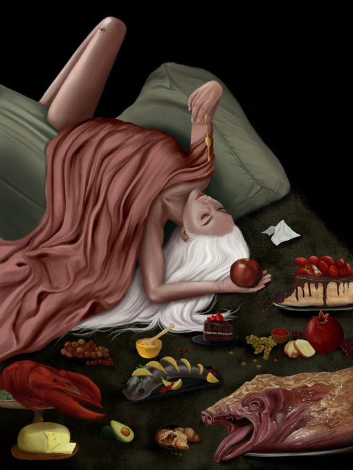 A dark, surreal digital painting of a pale woman with long white hair draped in a reddish-brown cloth lying among an assortment of foods including lobster, fish, cheese, fruit, and desserts.