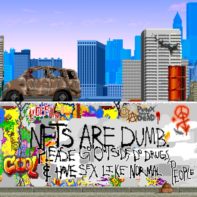 A pixel art image showing a rusted car driving past a graffiti-covered wall with text reading 'FUCK FURY COOL', 'NETS ARE DUMB', 'PUNK DEAD', 'PEOPLE GO ITSIDE TO DO DRUGS', and 'I HAVE SEX LIKE NORMAL'.
